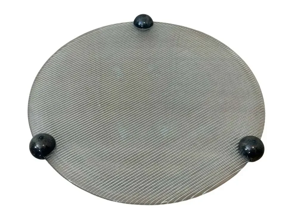 Vintage 1970s Smoked Ribbed Glass Tray with Metal Ball Feet